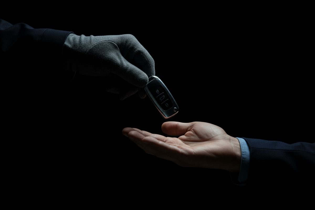 car keys being handed over, only hands and key to be visual and dark colours used